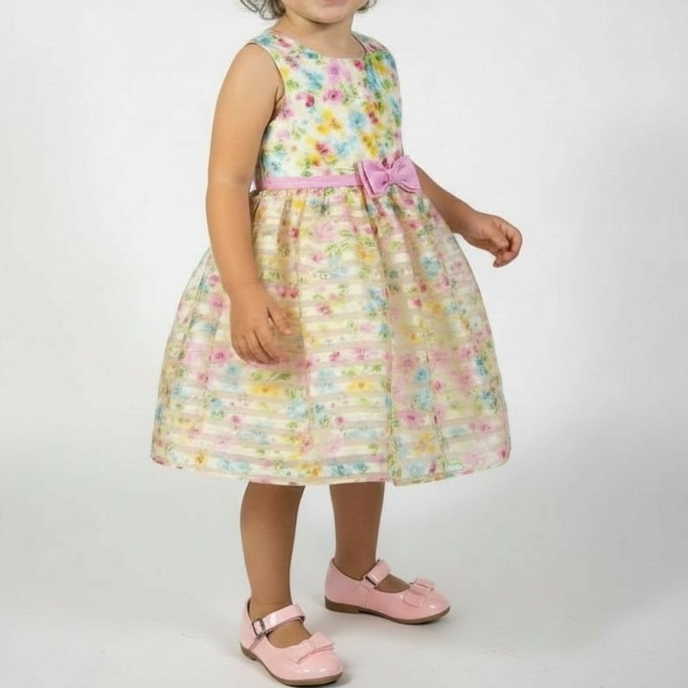 Jona Michelle Floral Shadow Stripe Toddler Sleeveless Dress